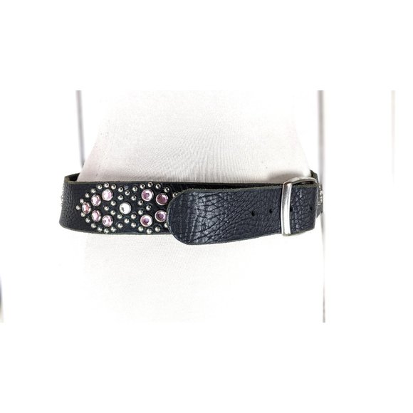 Vintage wide black metal studded rhinestones beaded leather belt 32 - Picture 3 of 5